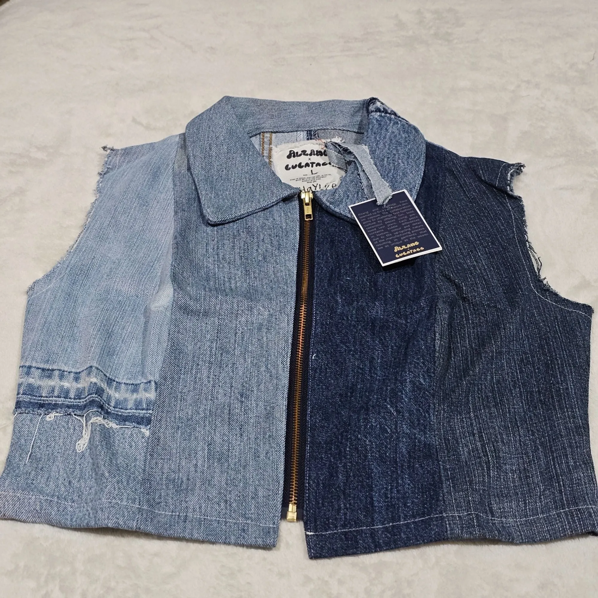 Alzang x Lulatagg Reworked Denim Sleeveless Patchwork Shirt L
