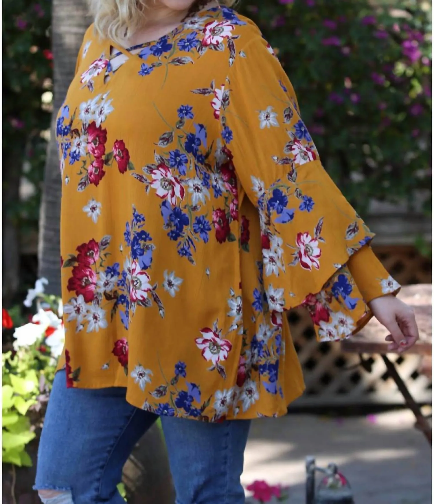 Angie - Floral Layered Bell Sleeve Tunic - PLUS