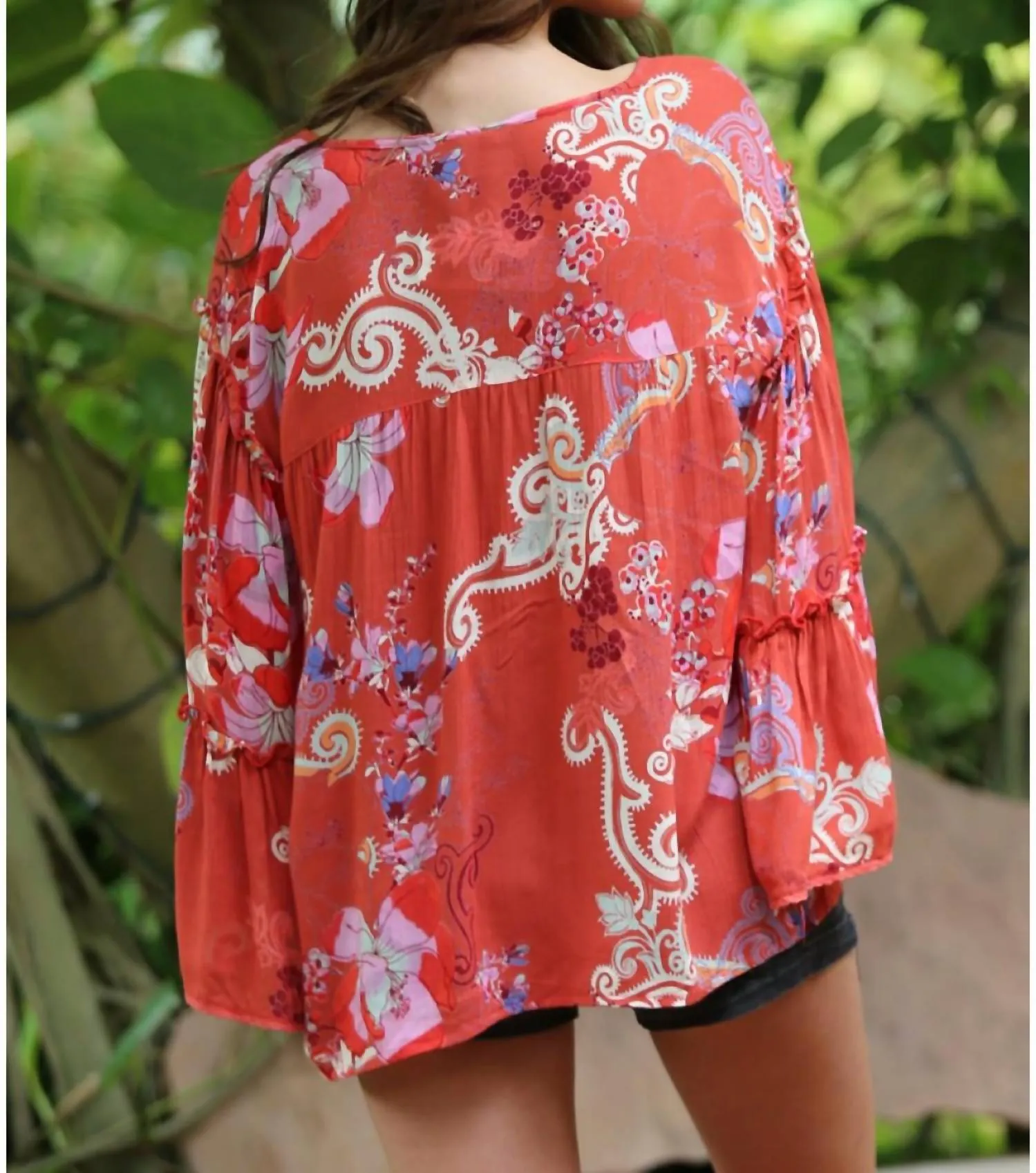 Angie - Floral Ruffle Seam Bell Sleeve Tunic