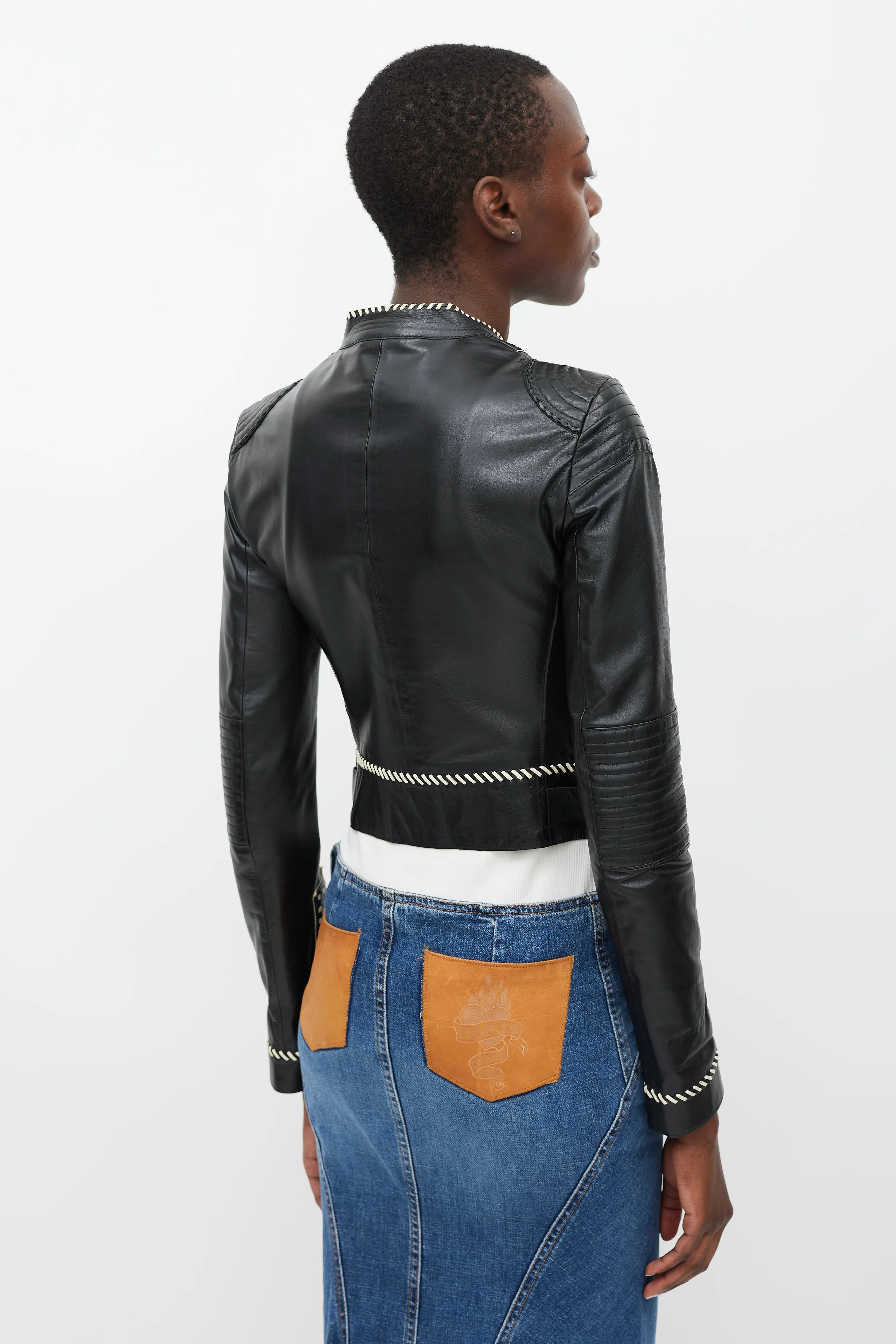 Black & White Whipstich Leather Jacket