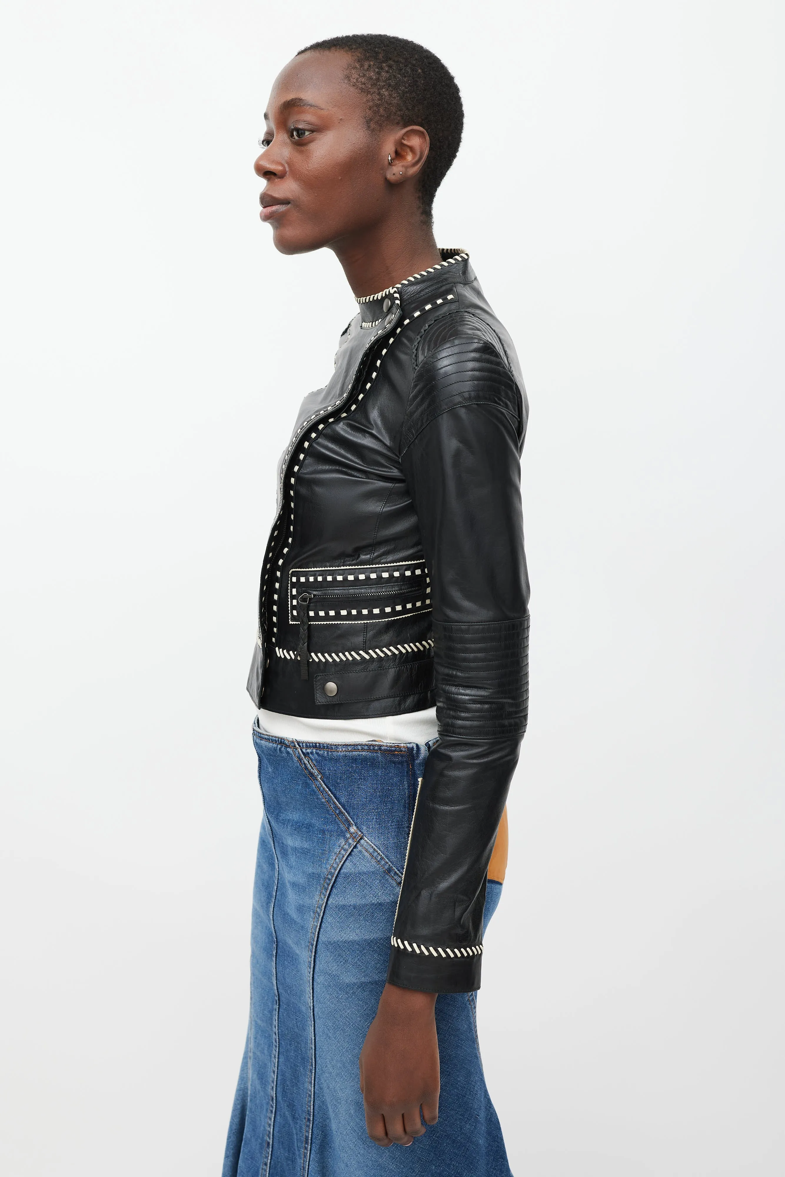 Black & White Whipstich Leather Jacket