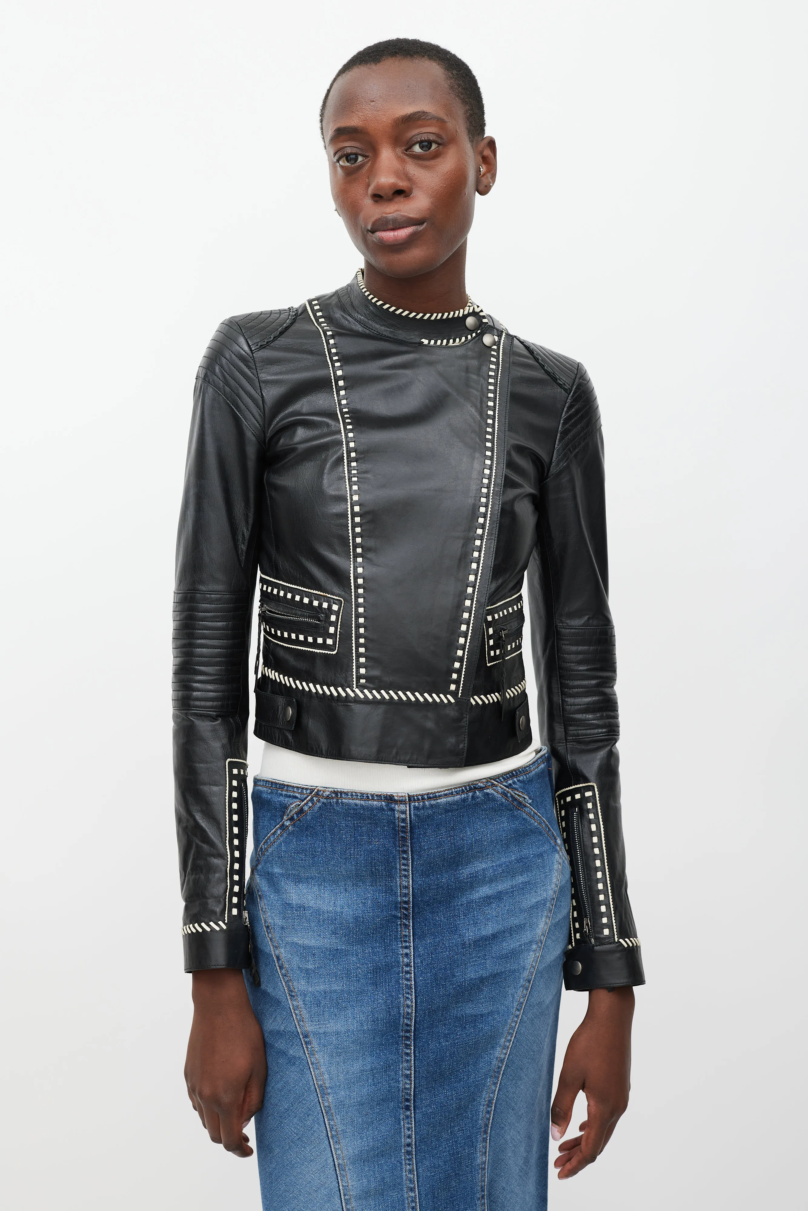 Black & White Whipstich Leather Jacket