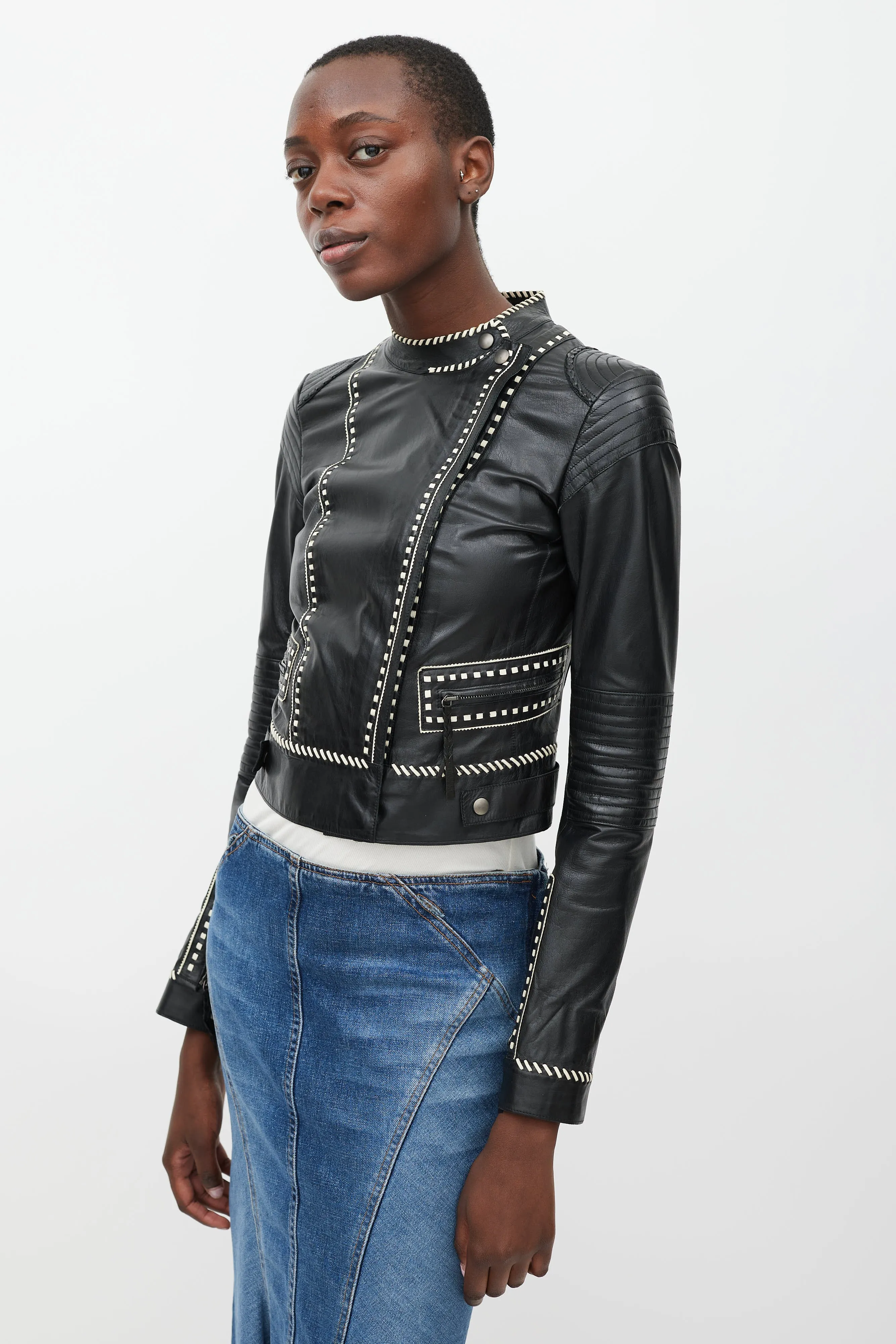 Black & White Whipstich Leather Jacket