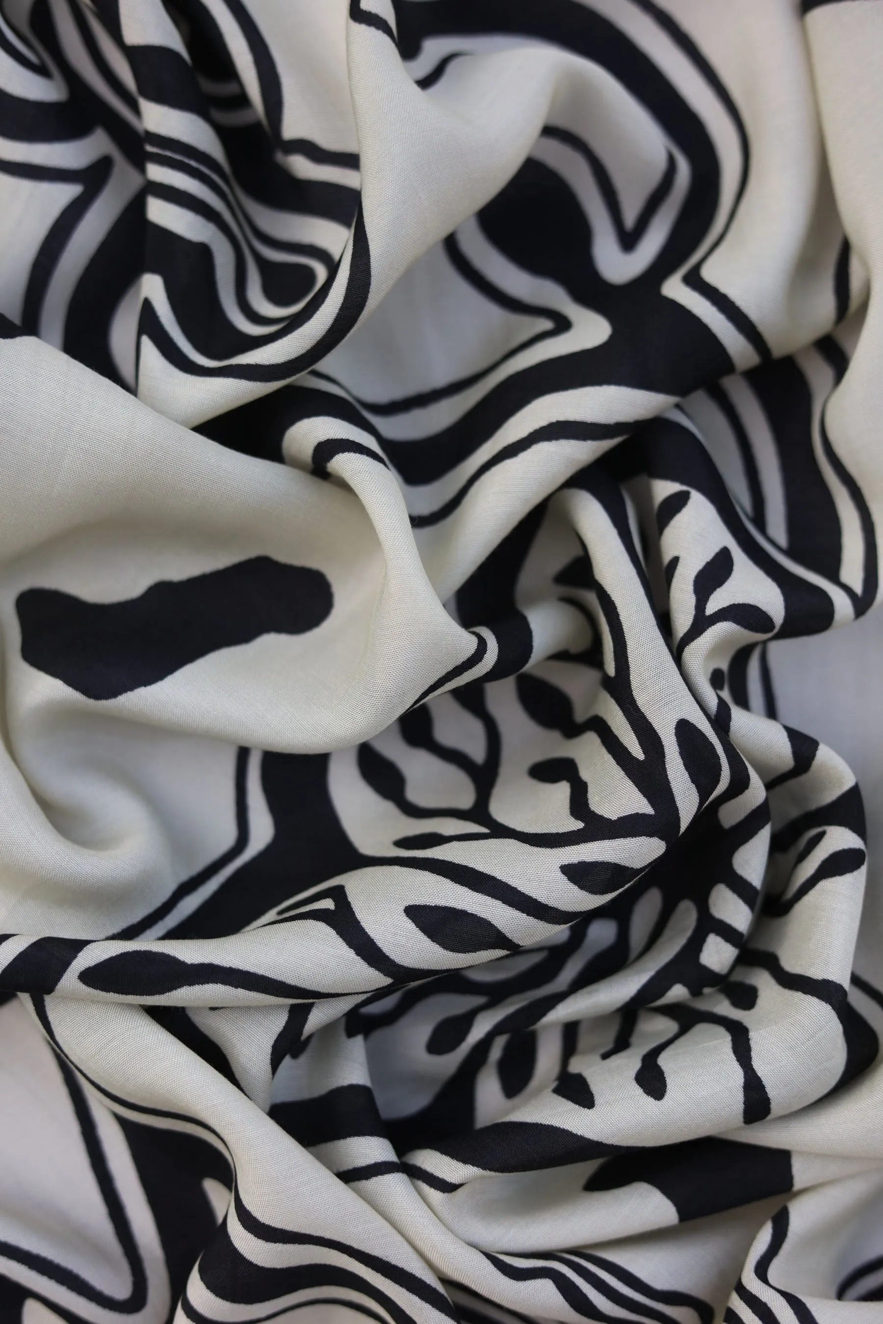 Black and Off White Oversized Abstract Floral Pattern Printed Natural Muslin Silk Fabric