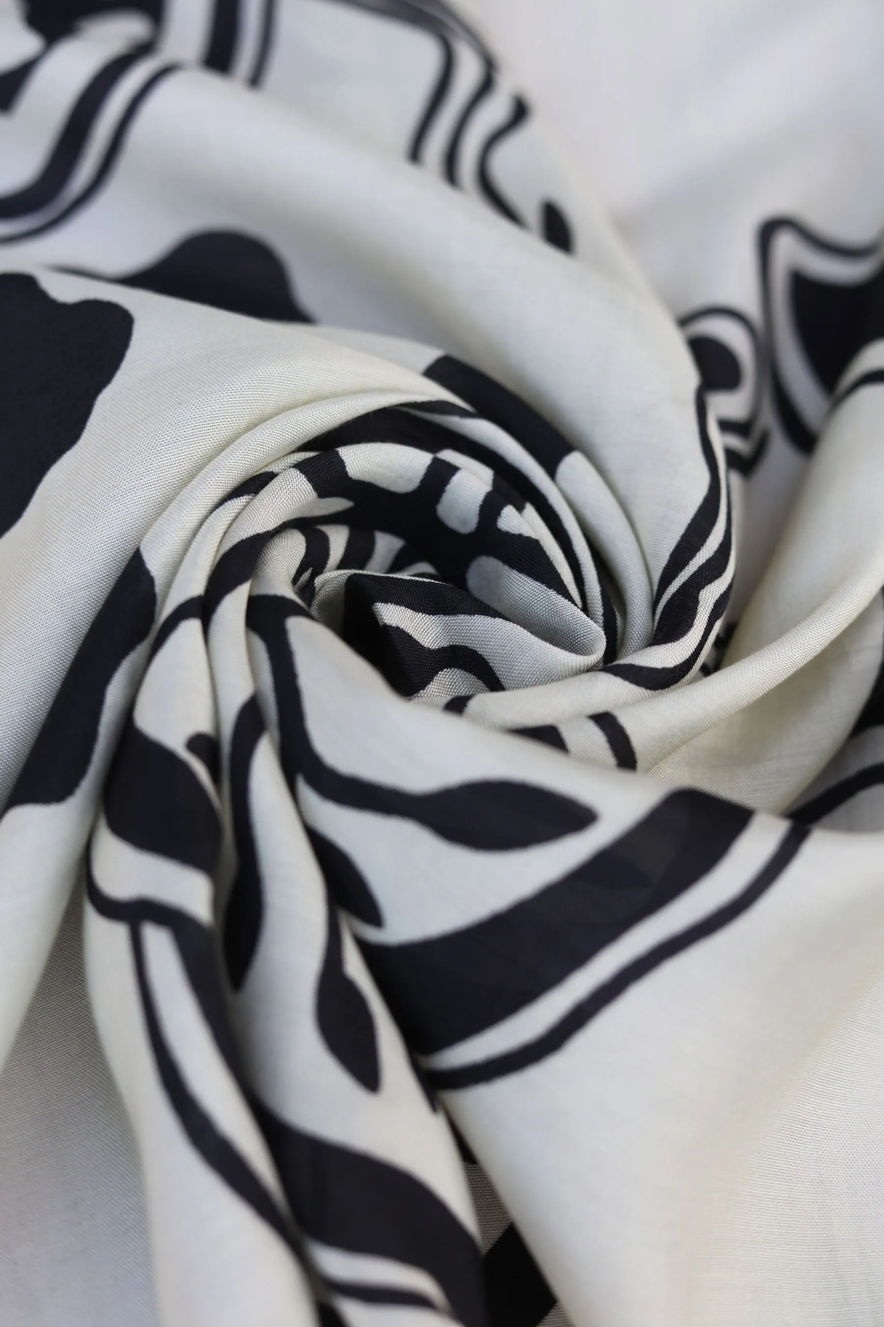 Black and Off White Oversized Abstract Floral Pattern Printed Natural Muslin Silk Fabric