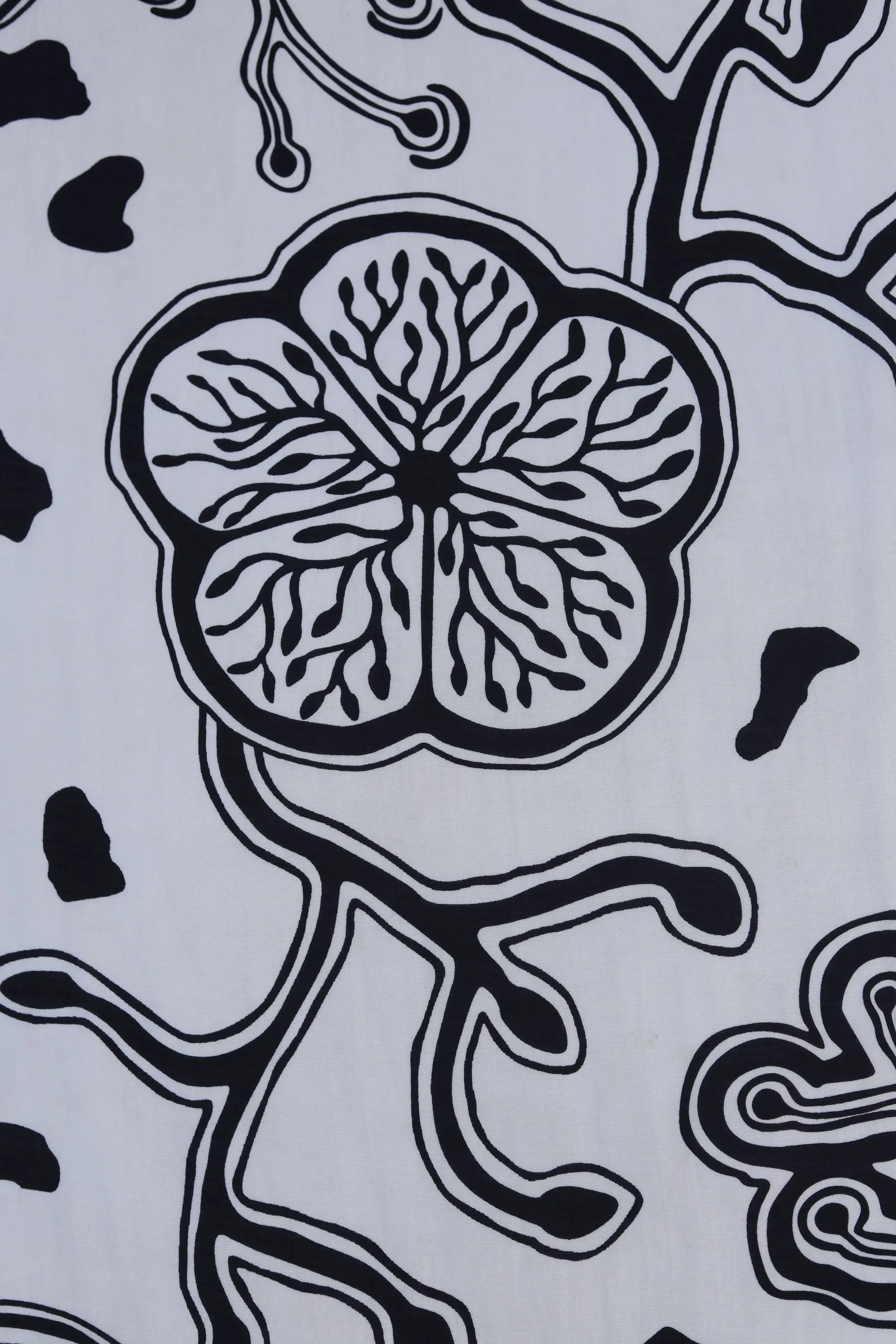 Black and Off White Oversized Abstract Floral Pattern Printed Natural Muslin Silk Fabric