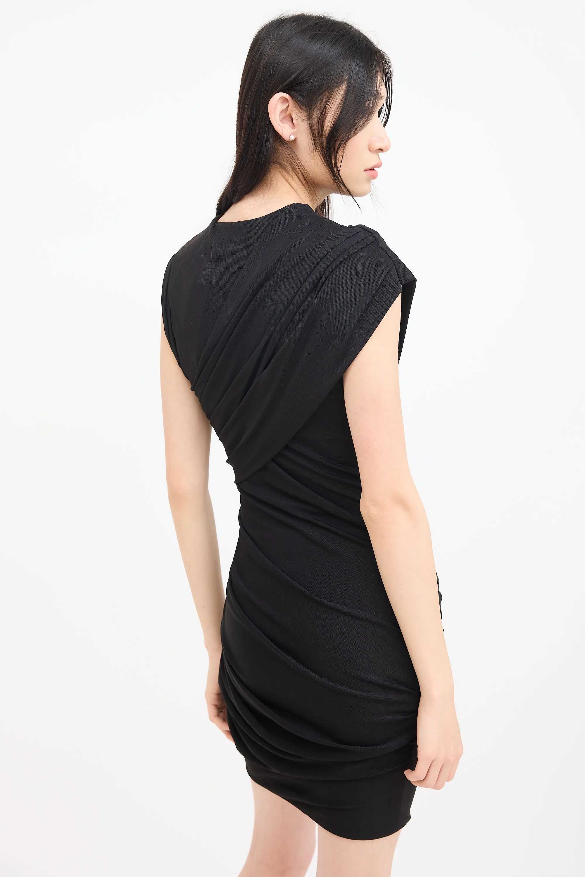 Black Asymmetrical Gathered Midi Dress