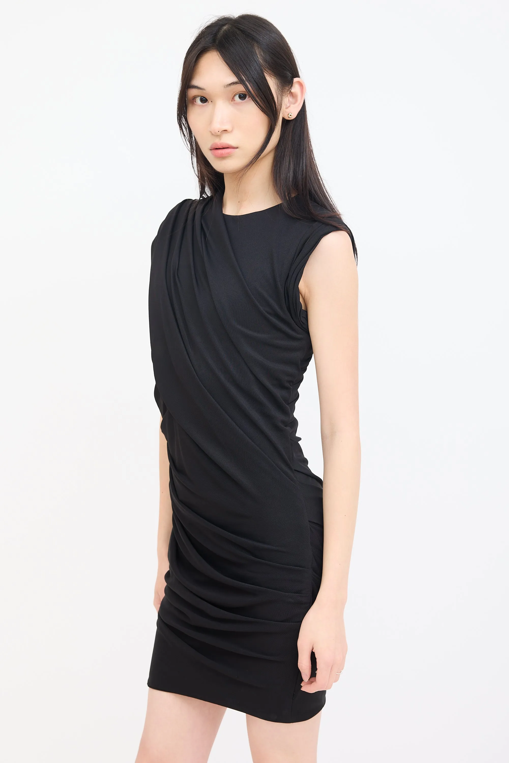 Black Asymmetrical Gathered Midi Dress