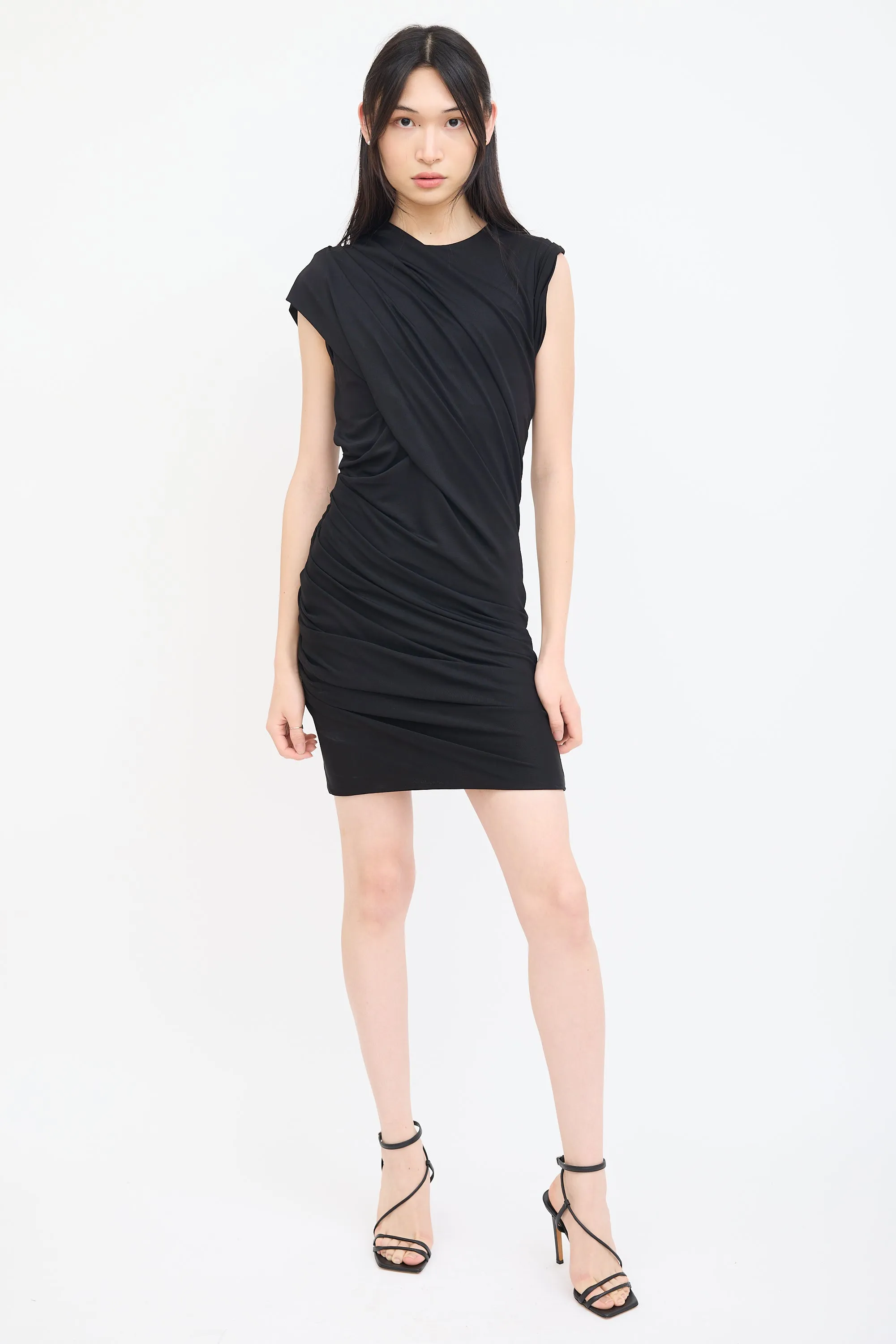 Black Asymmetrical Gathered Midi Dress