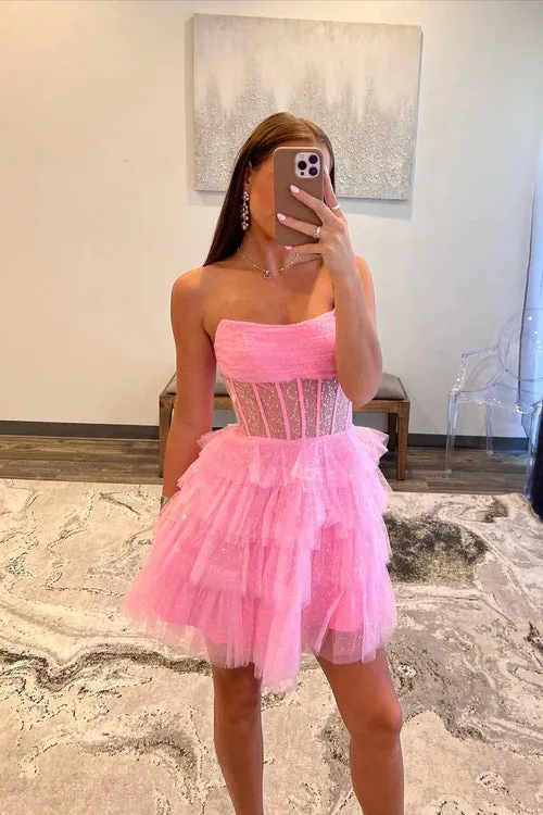 Black Graduation Dresses Sparkly Strapless Multi-Layers Tulle Homecoming Dress