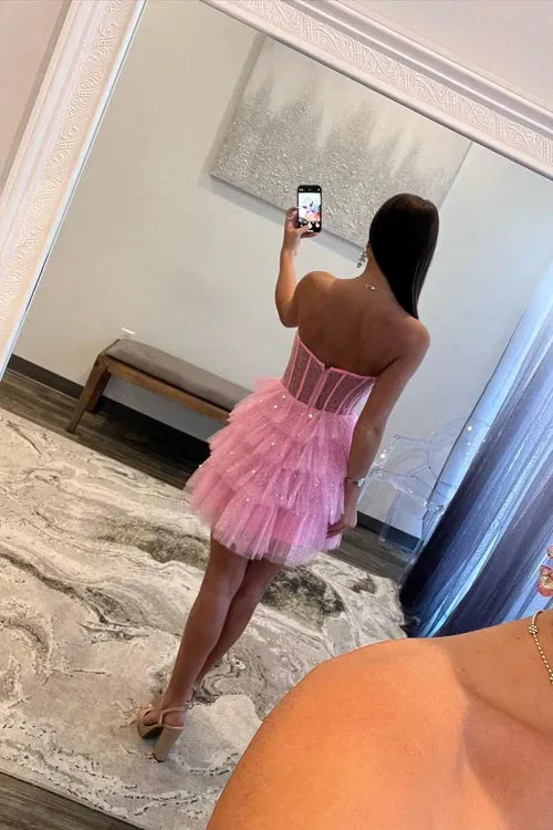 Black Graduation Dresses Sparkly Strapless Multi-Layers Tulle Homecoming Dress