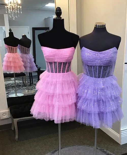 Black Graduation Dresses Sparkly Strapless Multi-Layers Tulle Homecoming Dress