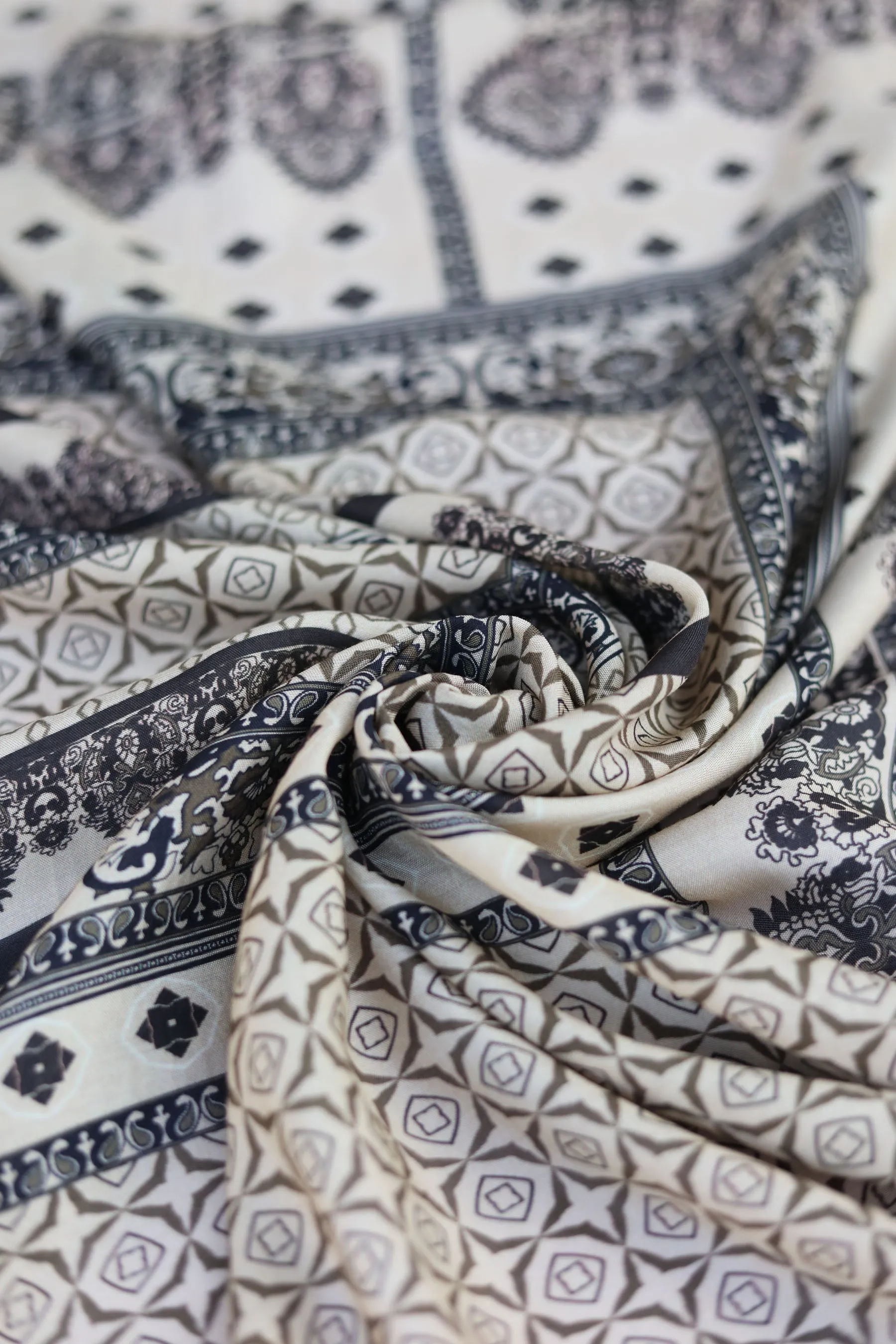 Black Handkerchief Inspired Geometric Pattern Printed Natural Muslin Silk Fabric