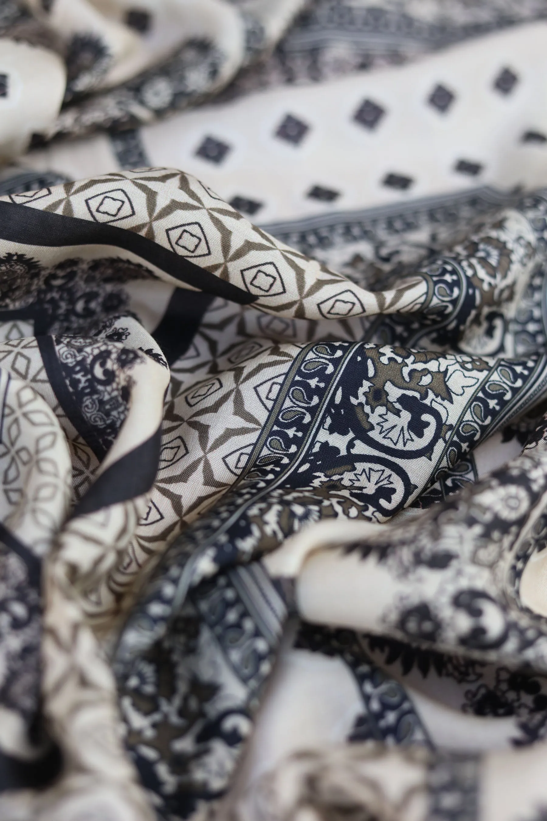 Black Handkerchief Inspired Geometric Pattern Printed Natural Muslin Silk Fabric