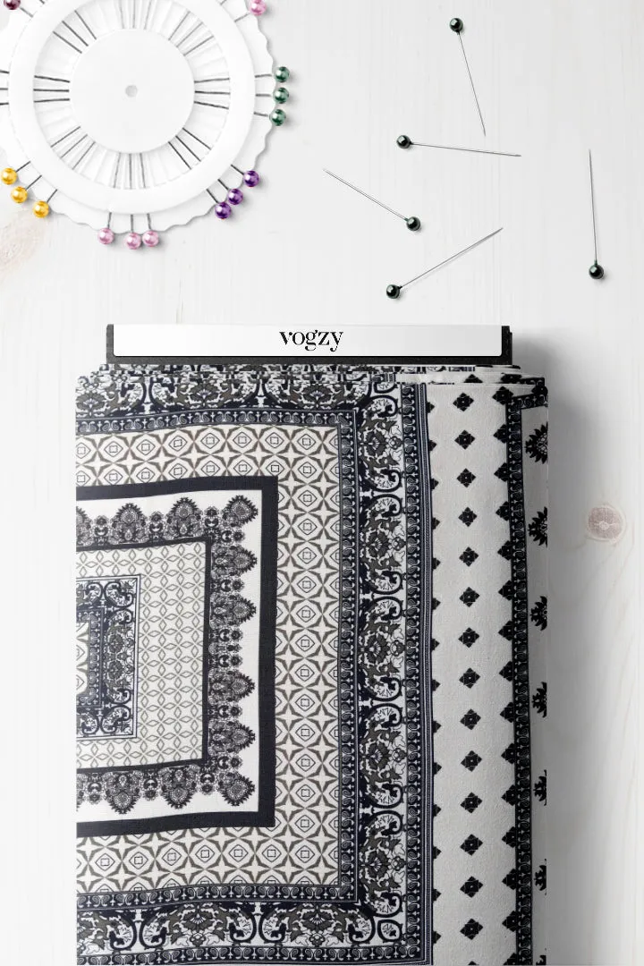 Black Handkerchief Inspired Geometric Pattern Printed Natural Muslin Silk Fabric