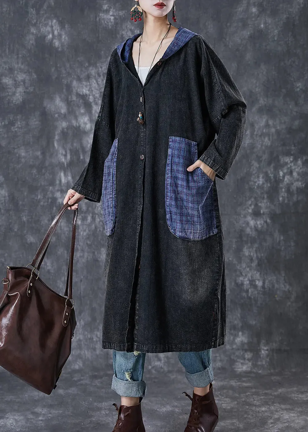Black Hooded Patchwork Coats
