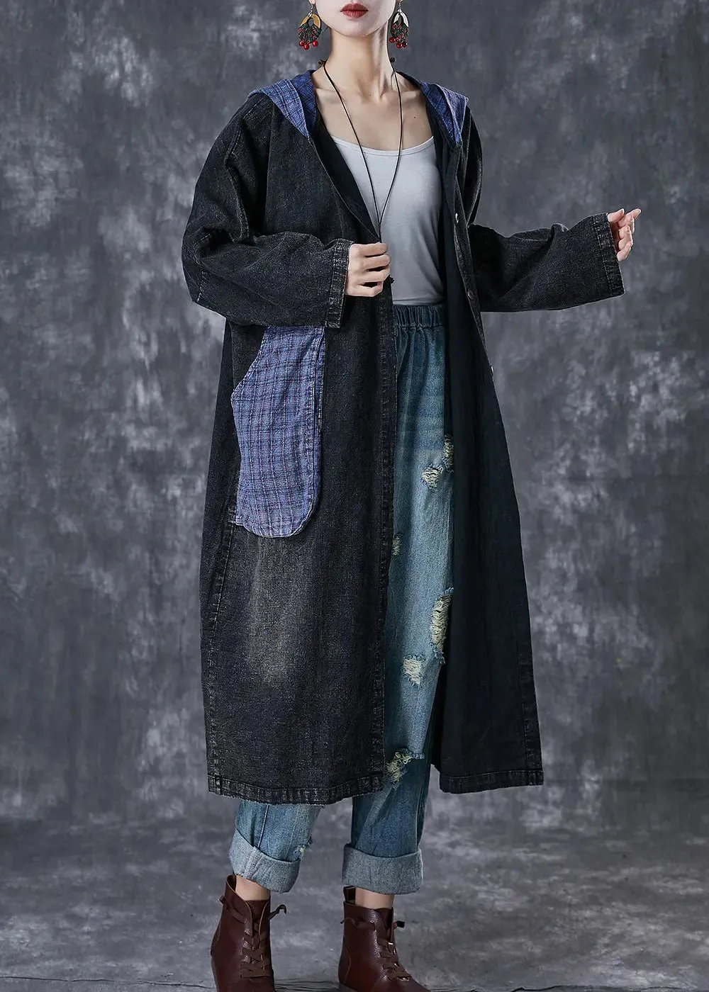 Black Hooded Patchwork Coats