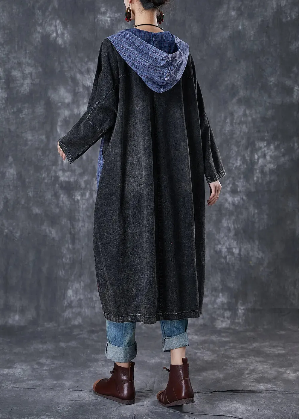 Black Hooded Patchwork Coats