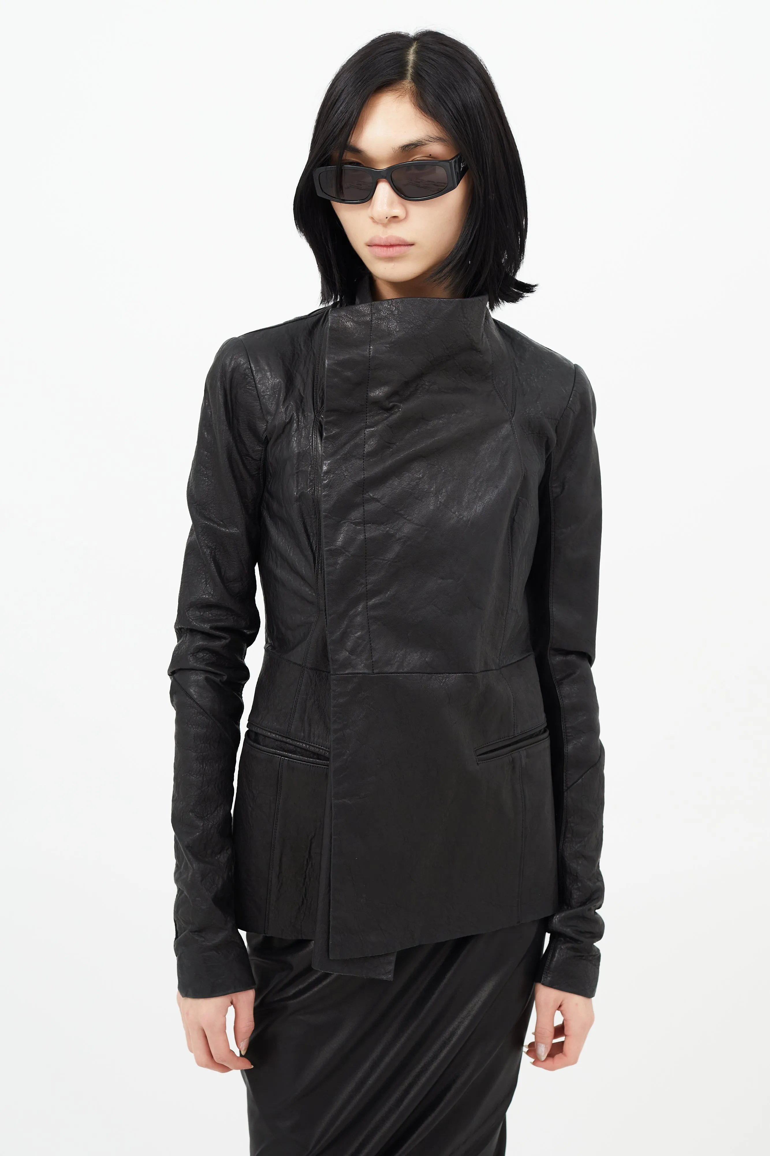 Black Leather Asymmetrical Button Jacket