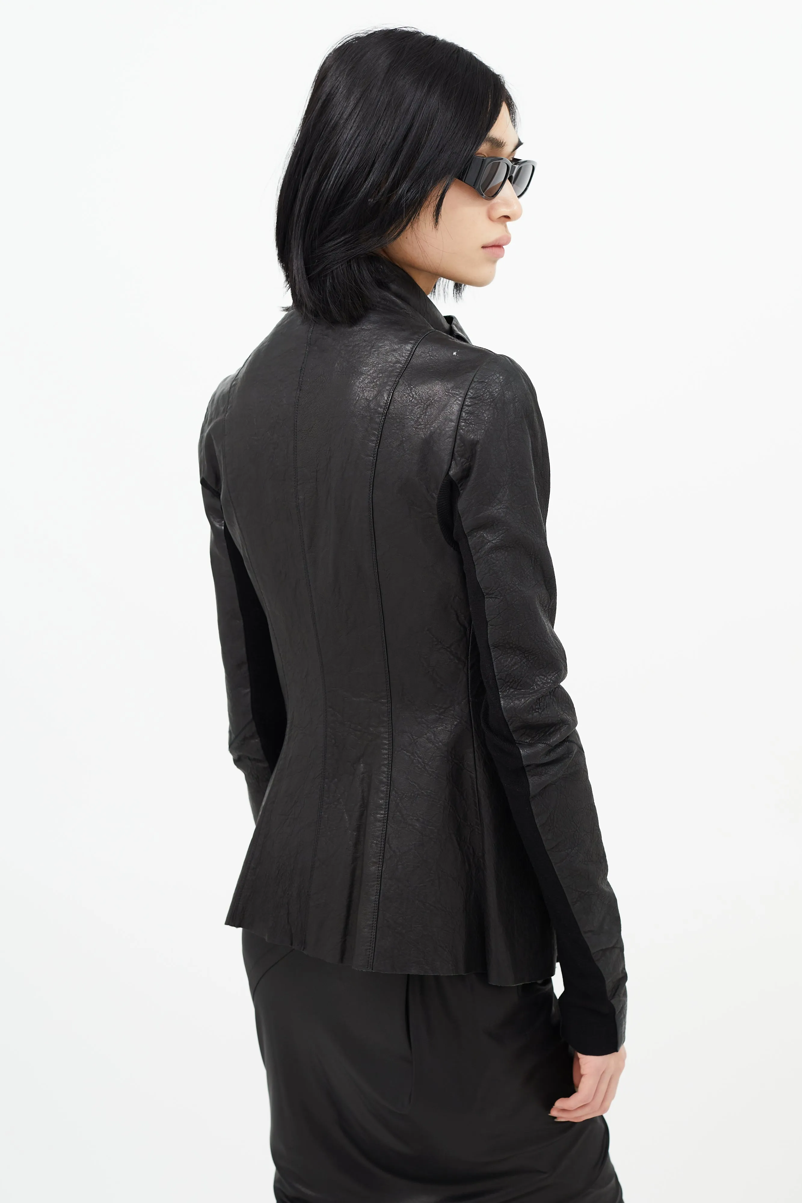 Black Leather Asymmetrical Button Jacket