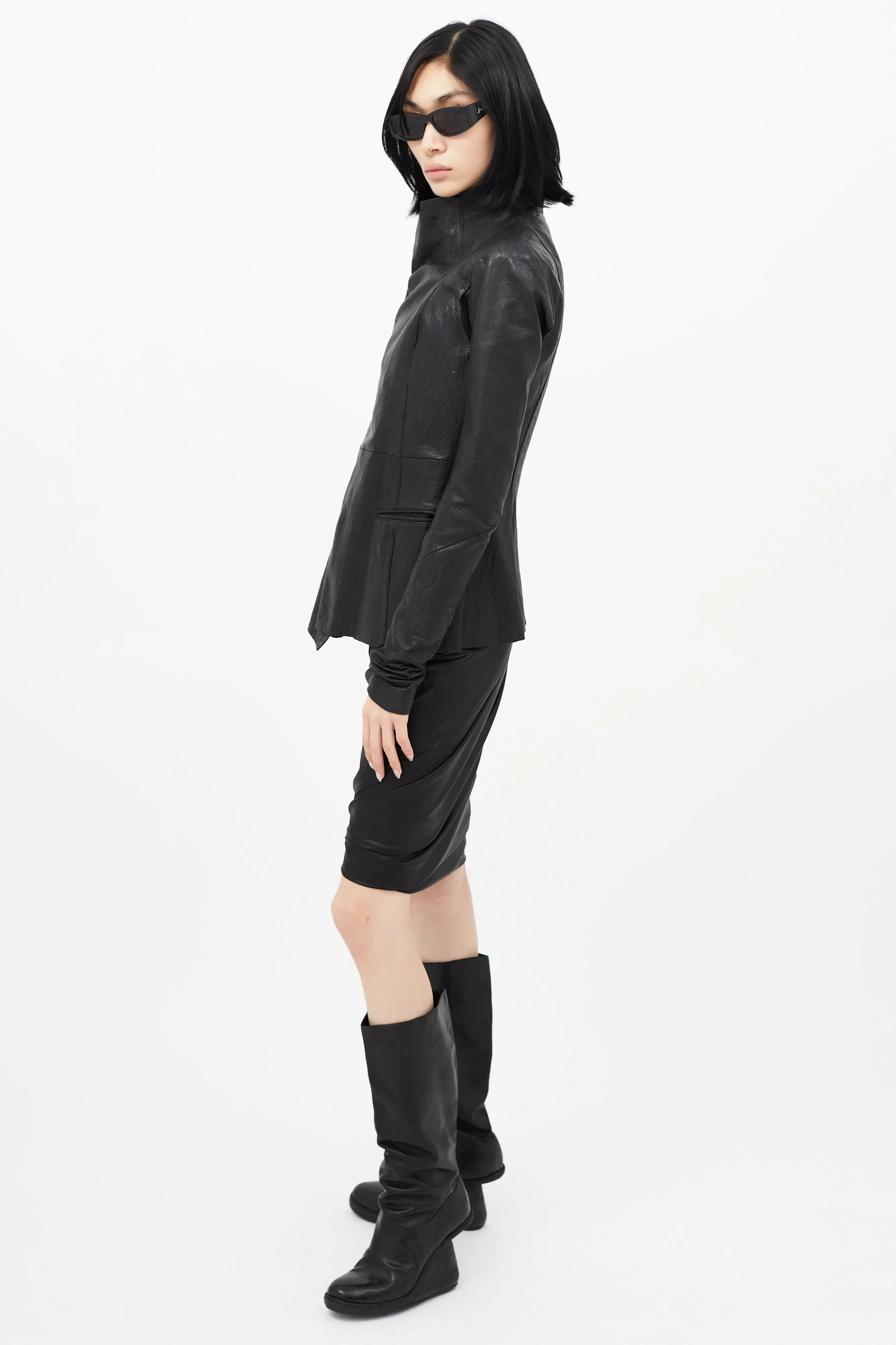 Black Leather Asymmetrical Button Jacket