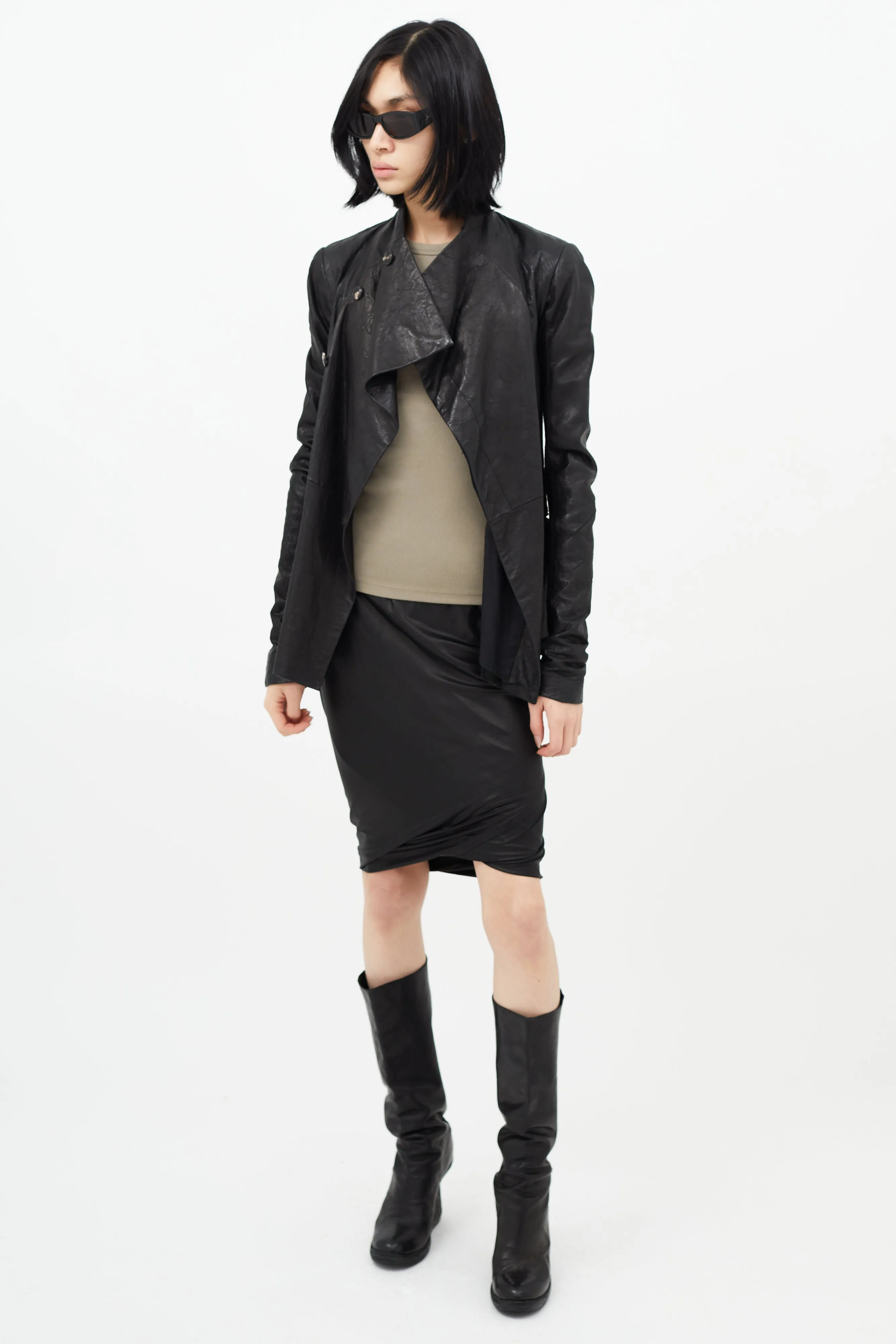 Black Leather Asymmetrical Button Jacket
