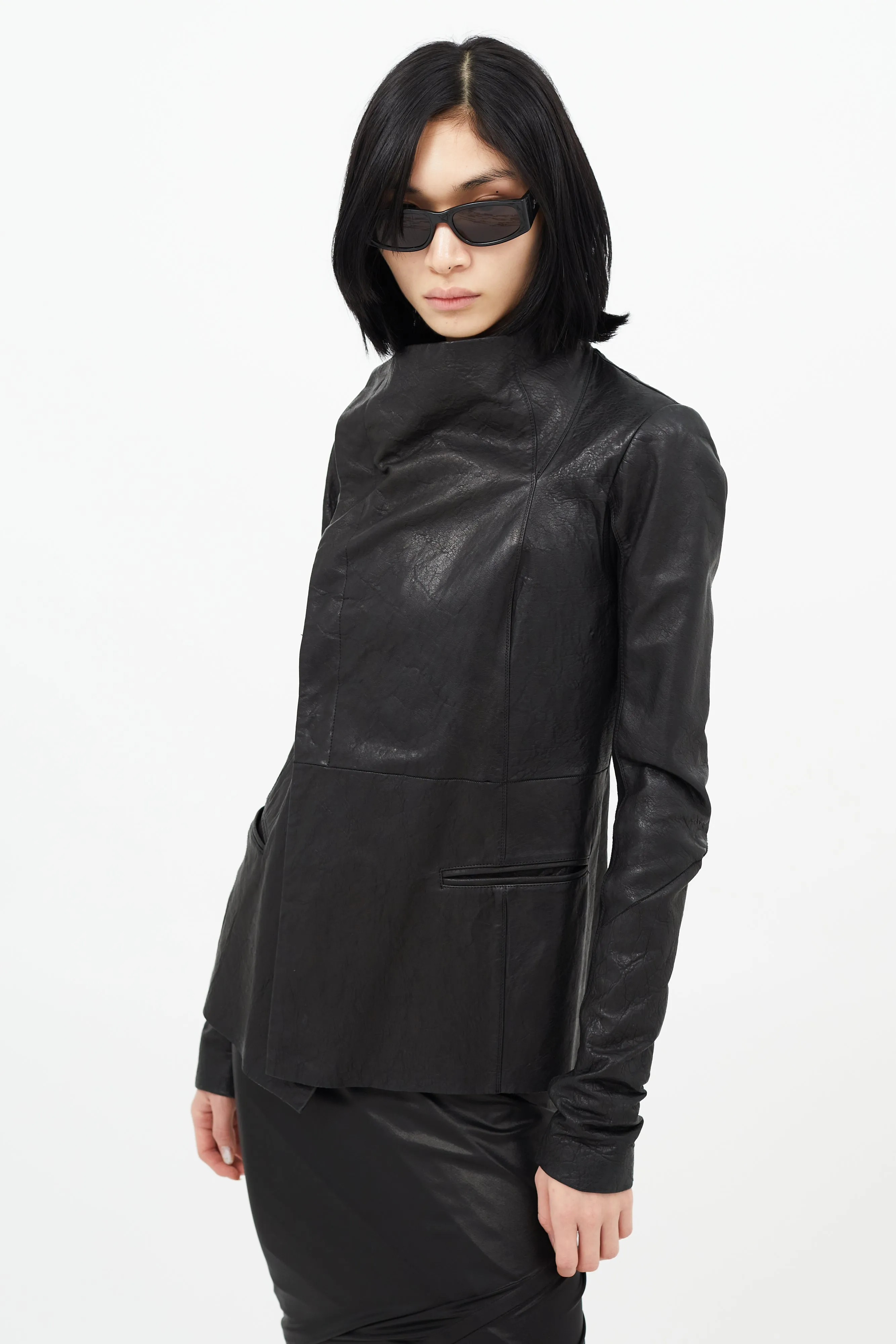 Black Leather Asymmetrical Button Jacket