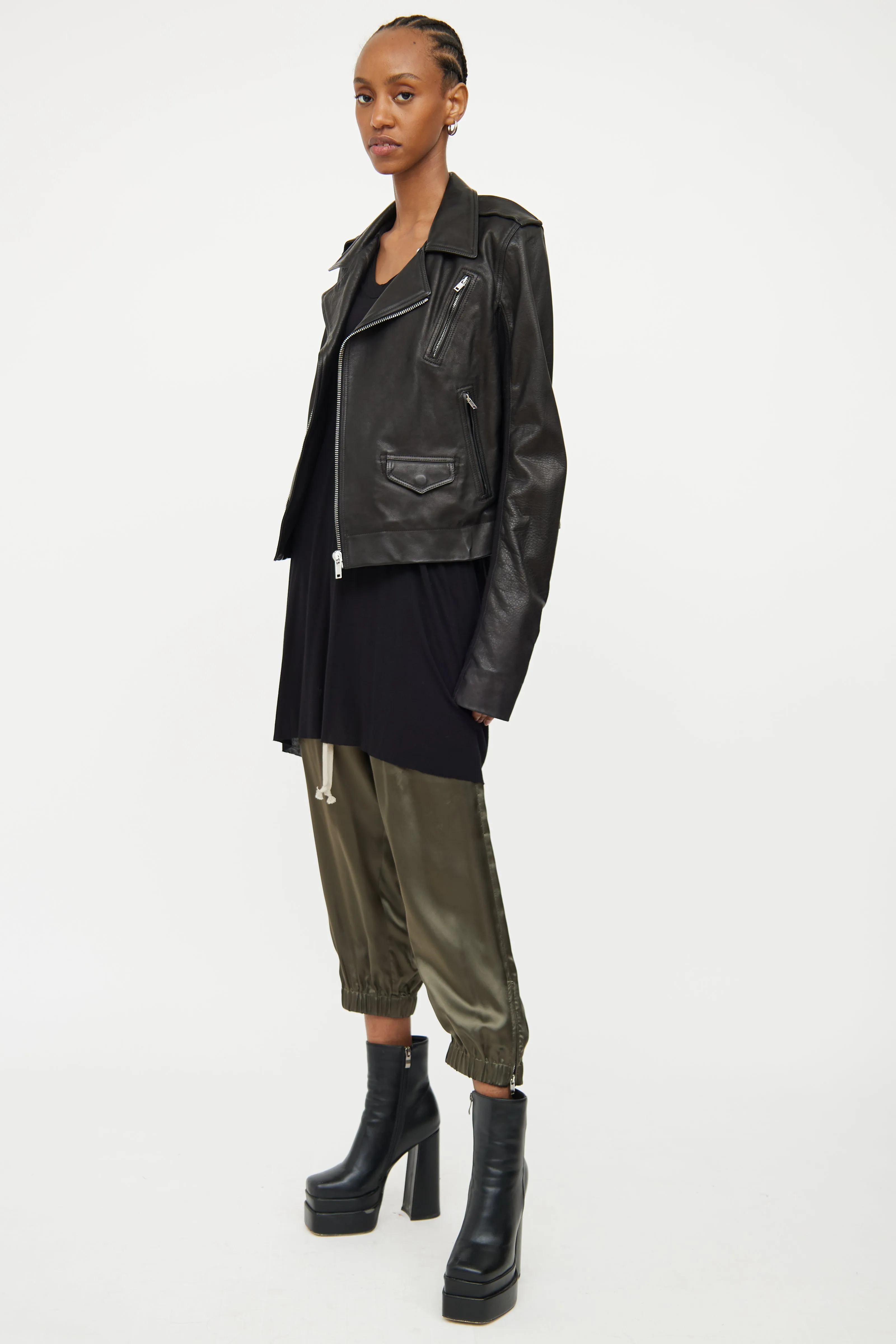 Black Leather Knit Sleeve Jacket