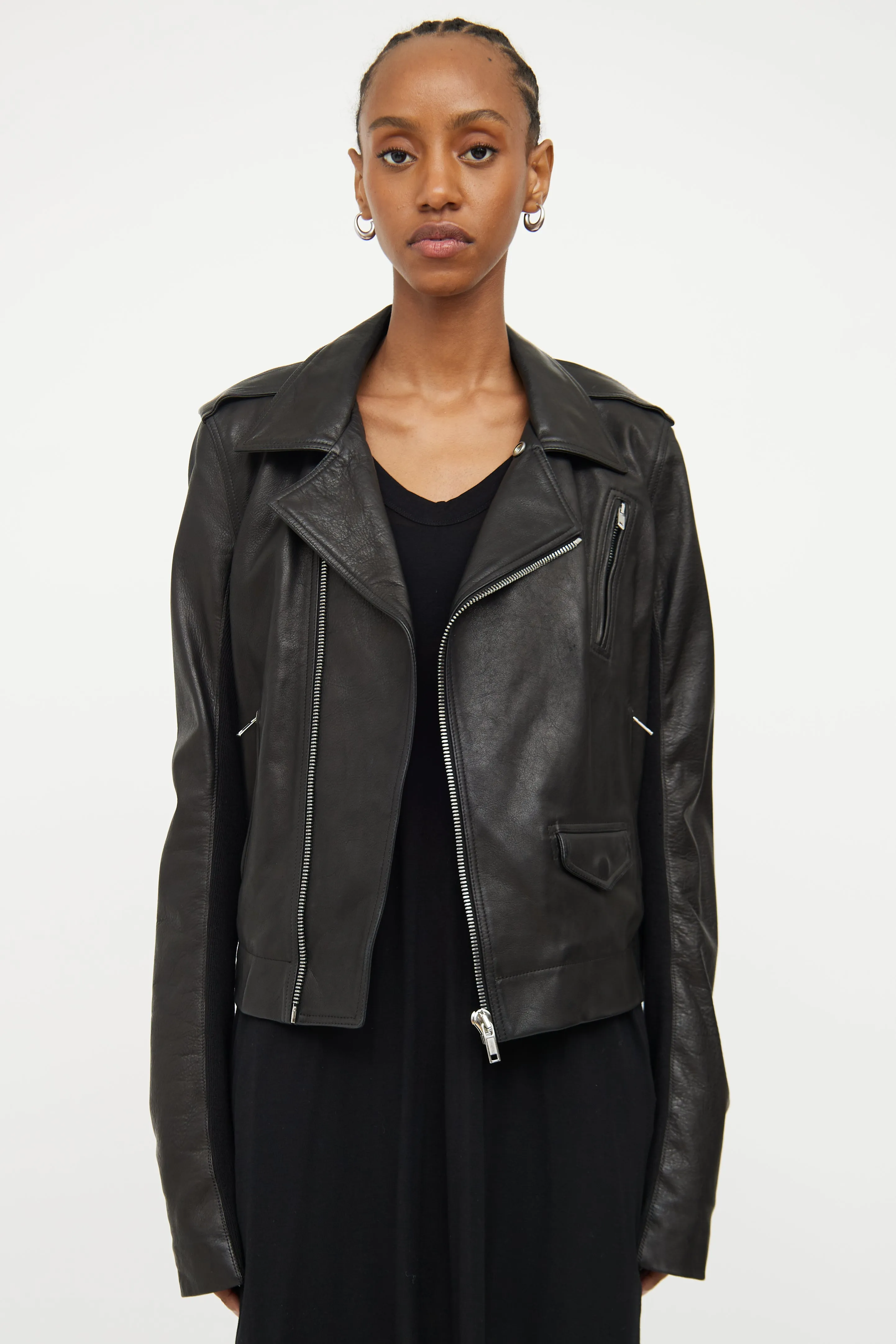 Black Leather Knit Sleeve Jacket