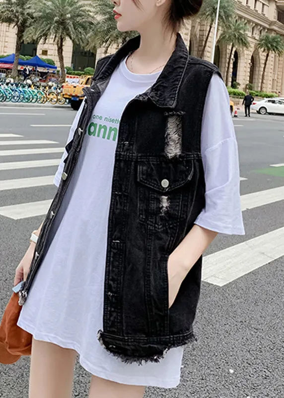 Black Patchwork Button Denim Waistcoat Fall LY9450