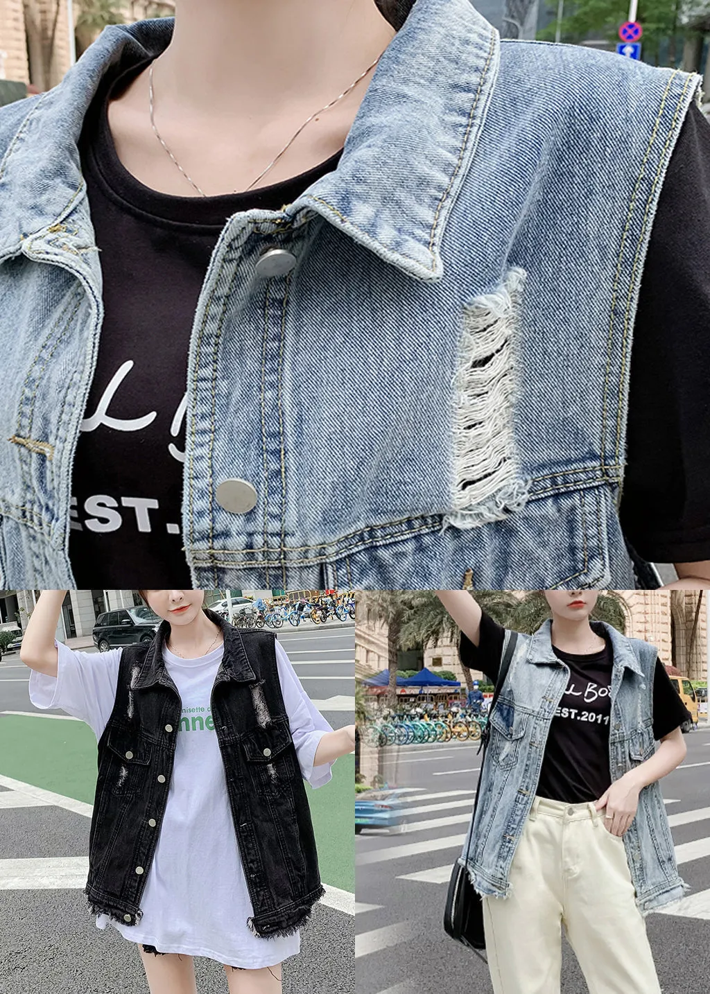 Black Patchwork Button Denim Waistcoat Fall LY9450
