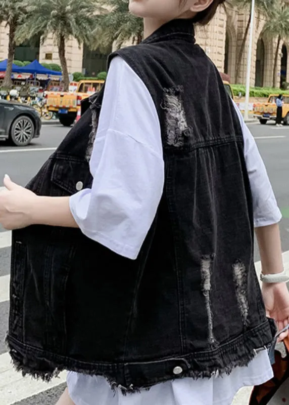 Black Patchwork Button Denim Waistcoat Fall LY9450