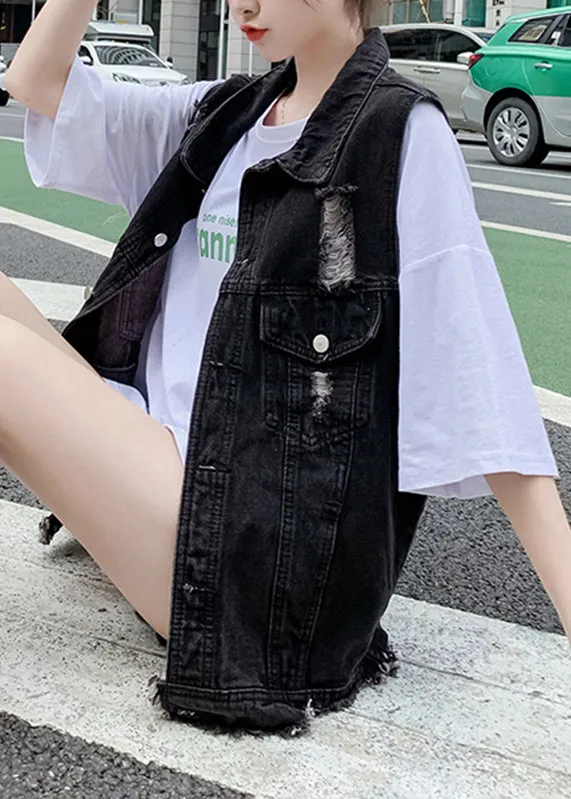 Black Patchwork Button Denim Waistcoat Fall LY9450
