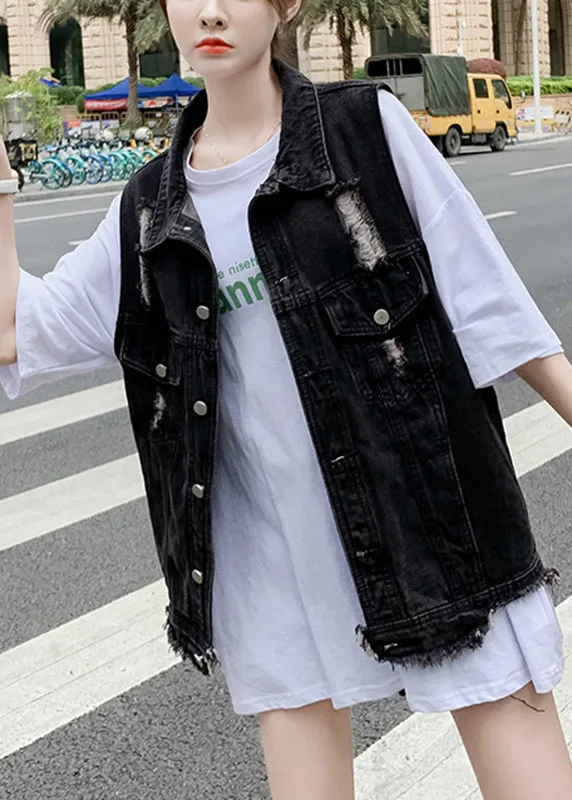 Black Patchwork Button Denim Waistcoat Fall LY9450