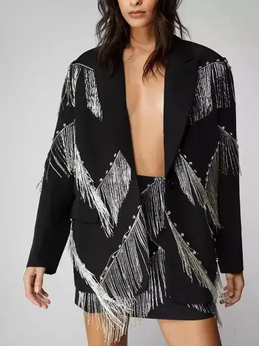 Black Premium Studded Fringe-Embellished Blazer