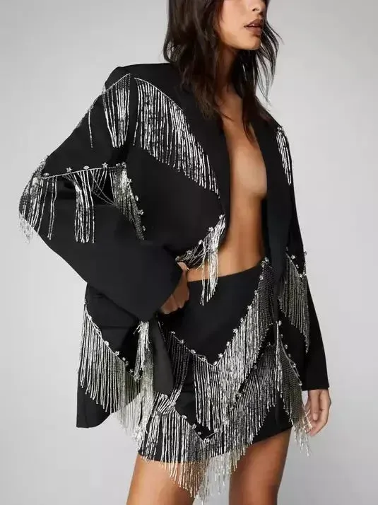 Black Premium Studded Fringe-Embellished Blazer