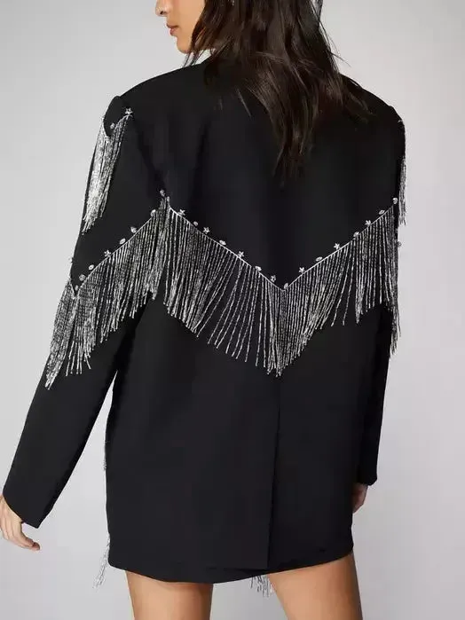 Black Premium Studded Fringe-Embellished Blazer