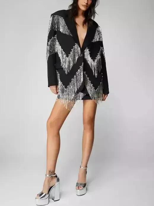 Black Premium Studded Fringe-Embellished Blazer