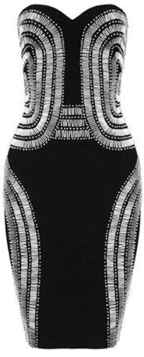 Black Strapless Bead-Embellished Bandage Dress