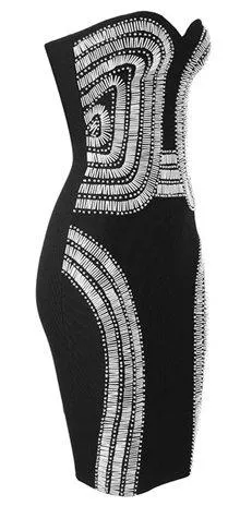 Black Strapless Bead-Embellished Bandage Dress
