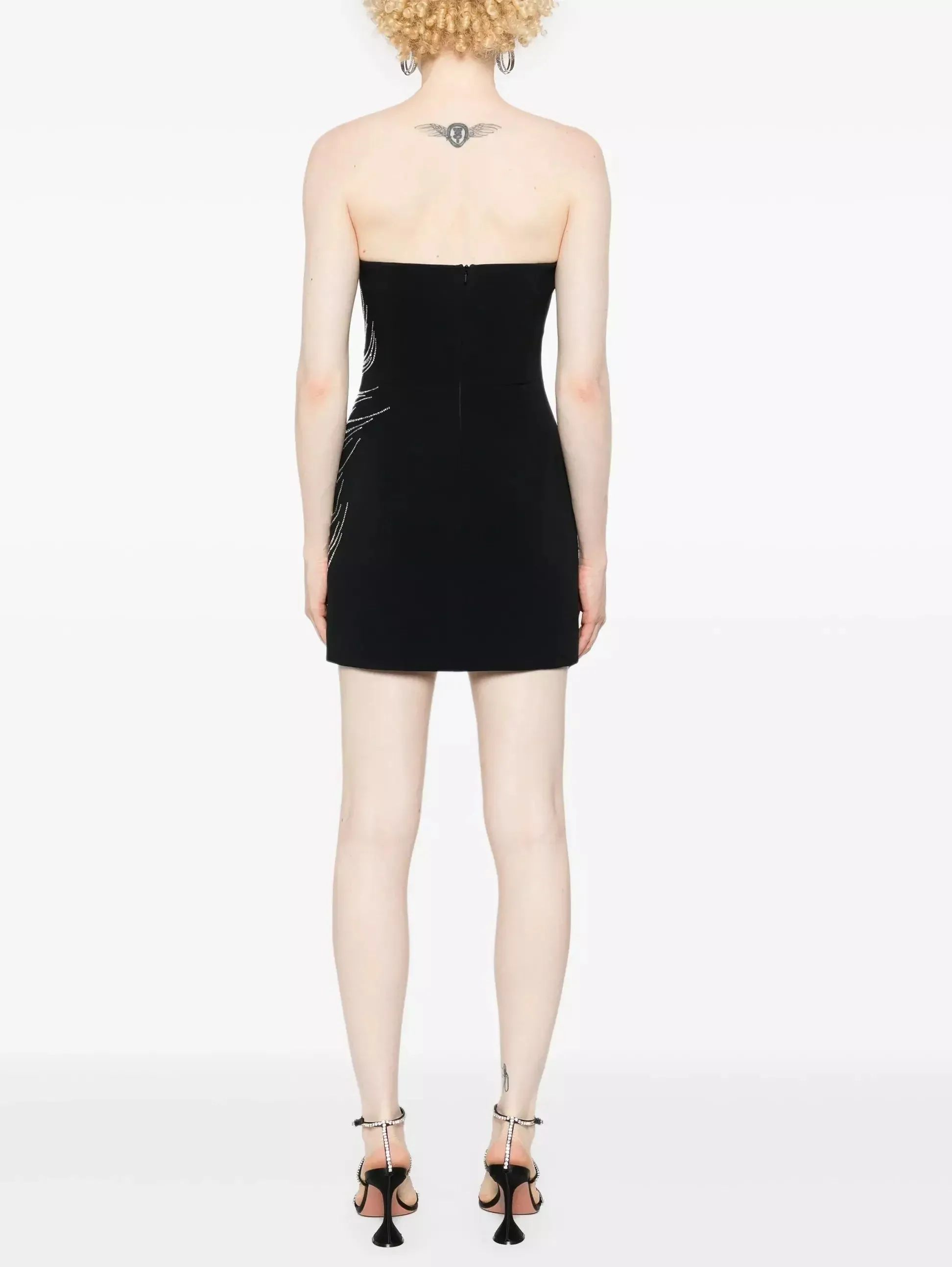 Black Strapless Beaded Feather-Embellished Mini Dress