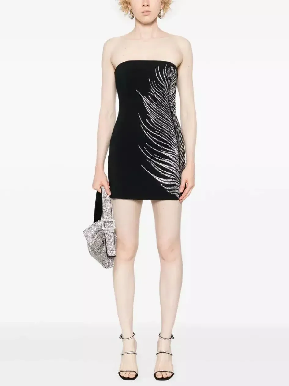 Black Strapless Beaded Feather-Embellished Mini Dress