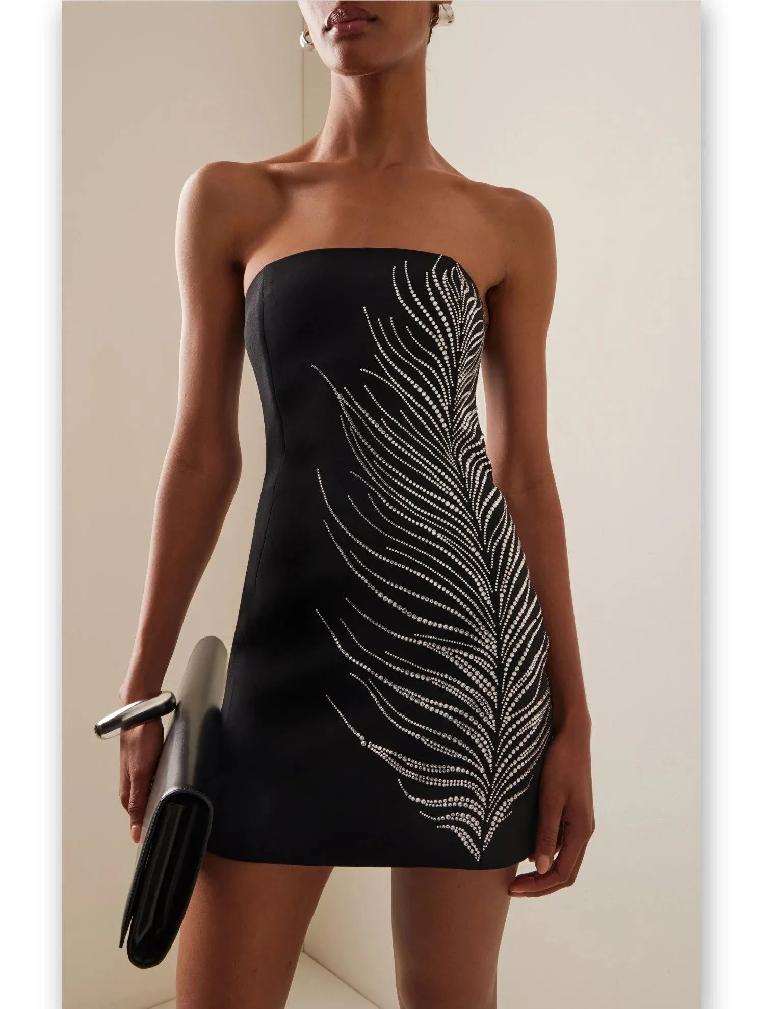 Black Strapless Beaded Feather-Embellished Mini Dress