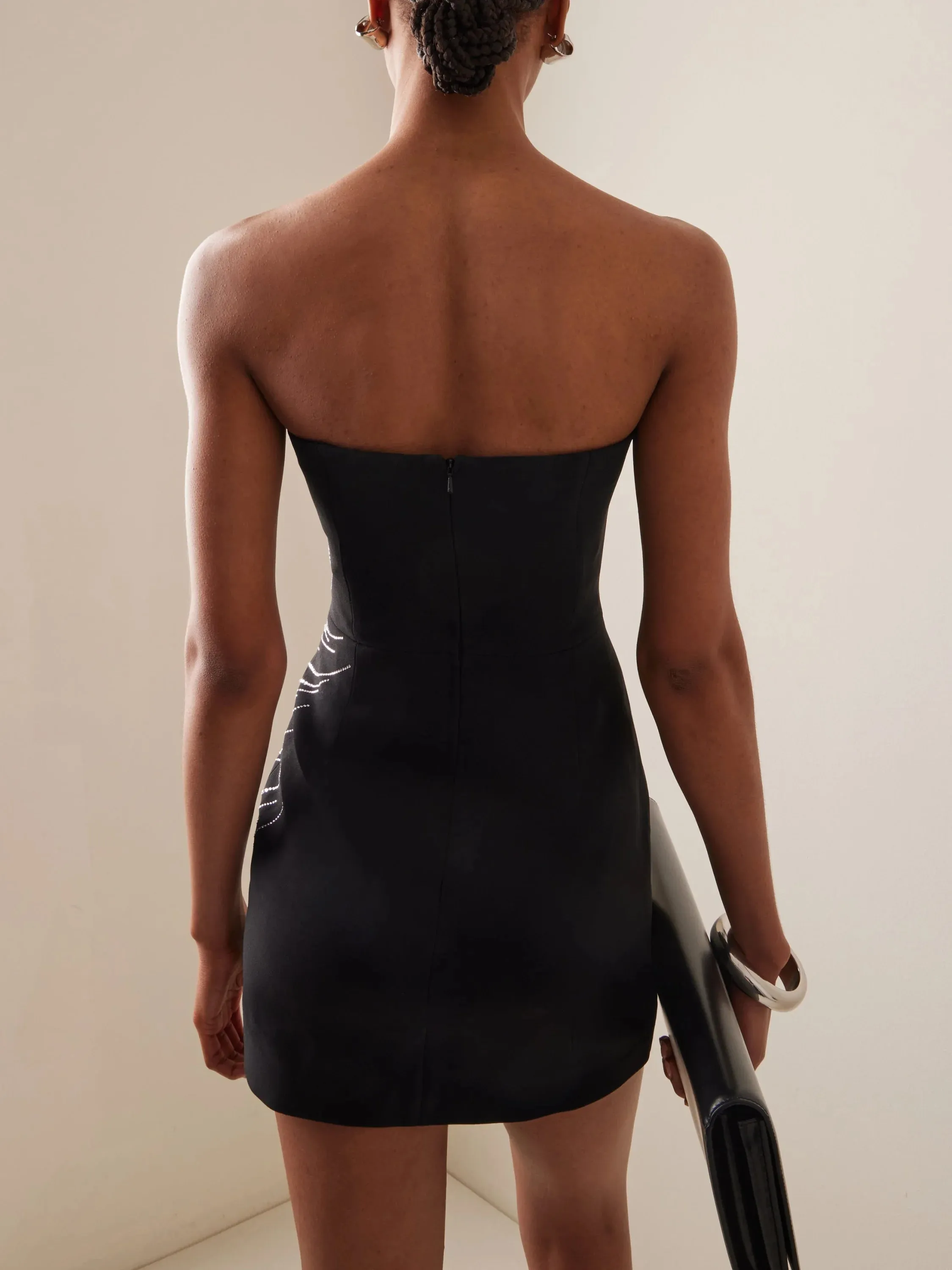 Black Strapless Beaded Feather-Embellished Mini Dress