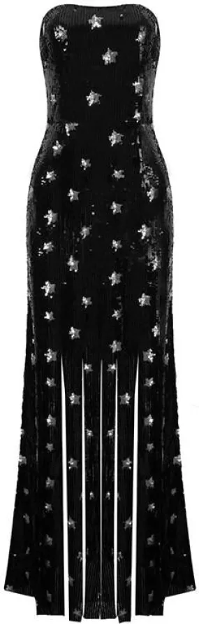 Black Strapless Sequined Fringed Gown