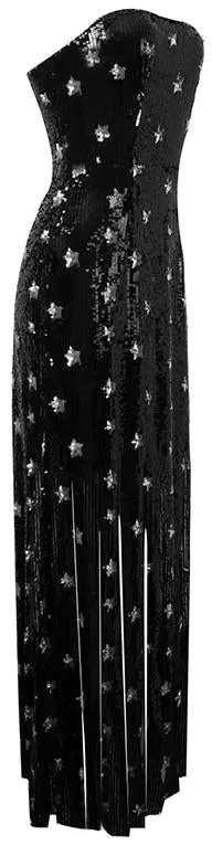Black Strapless Sequined Fringed Gown