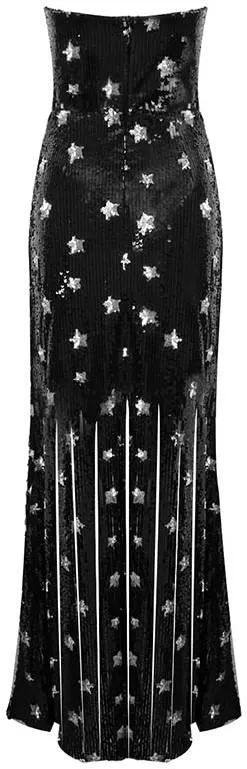 Black Strapless Sequined Fringed Gown