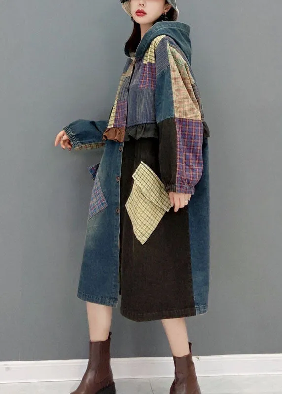 Blue button Hooded Pockets Patchwork denim Coats