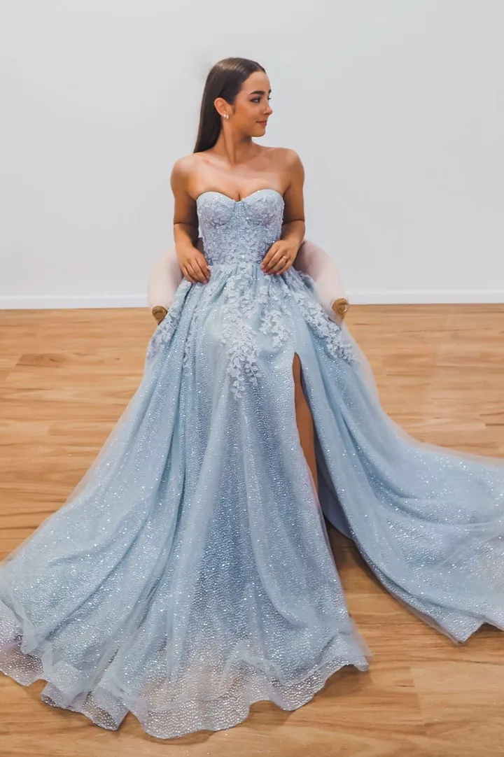 Blue Lace and Tulle Long Prom Dresses A-Line Strapless Evening Dresses Sparkly