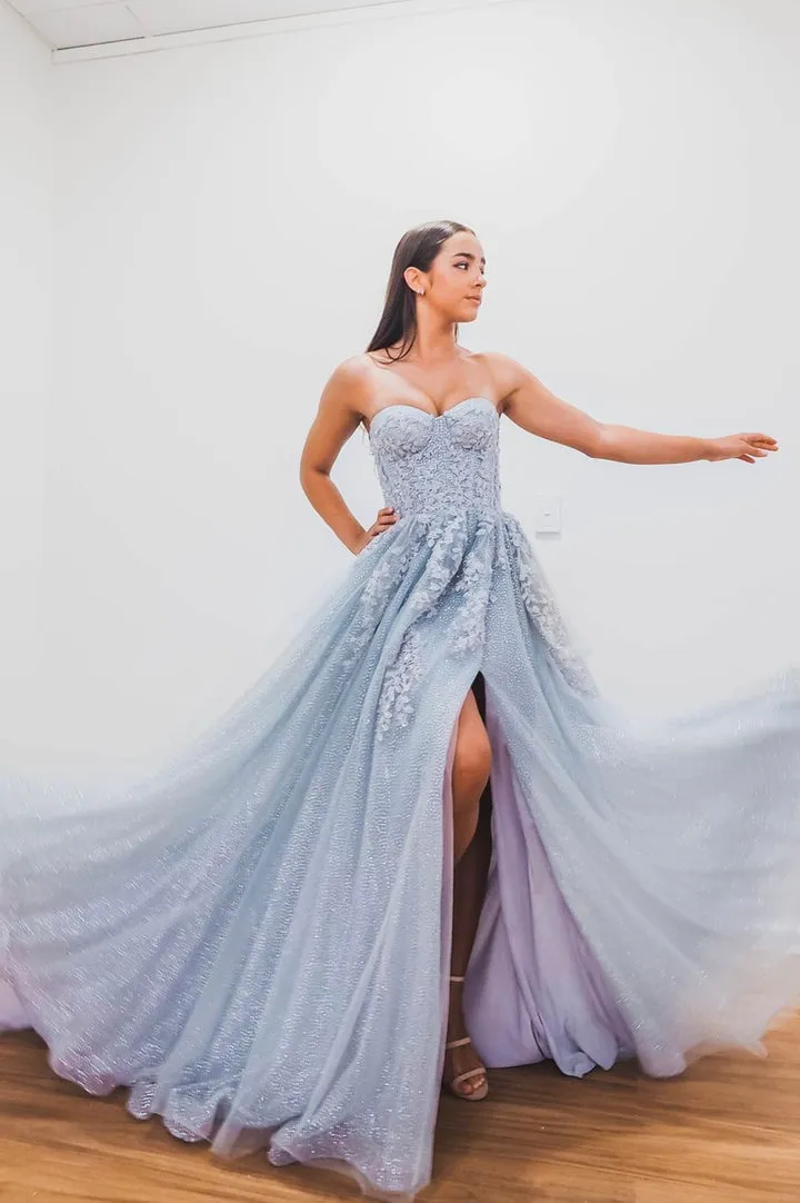 Blue Lace and Tulle Long Prom Dresses A-Line Strapless Evening Dresses Sparkly